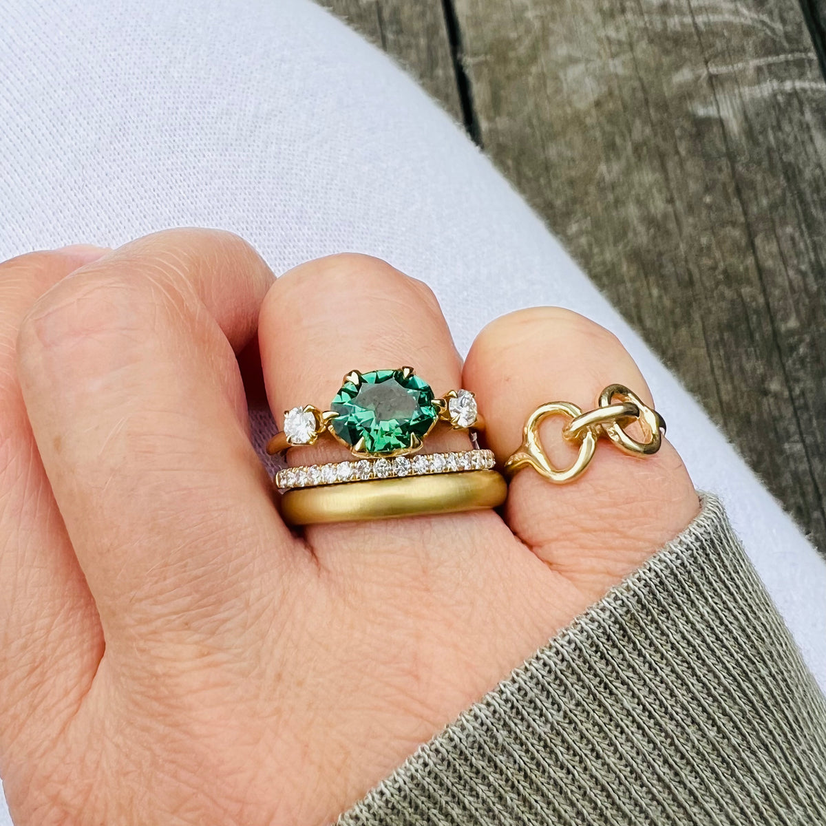 Estate Emerald-Cut Green Tourmaline and Diamond Ring