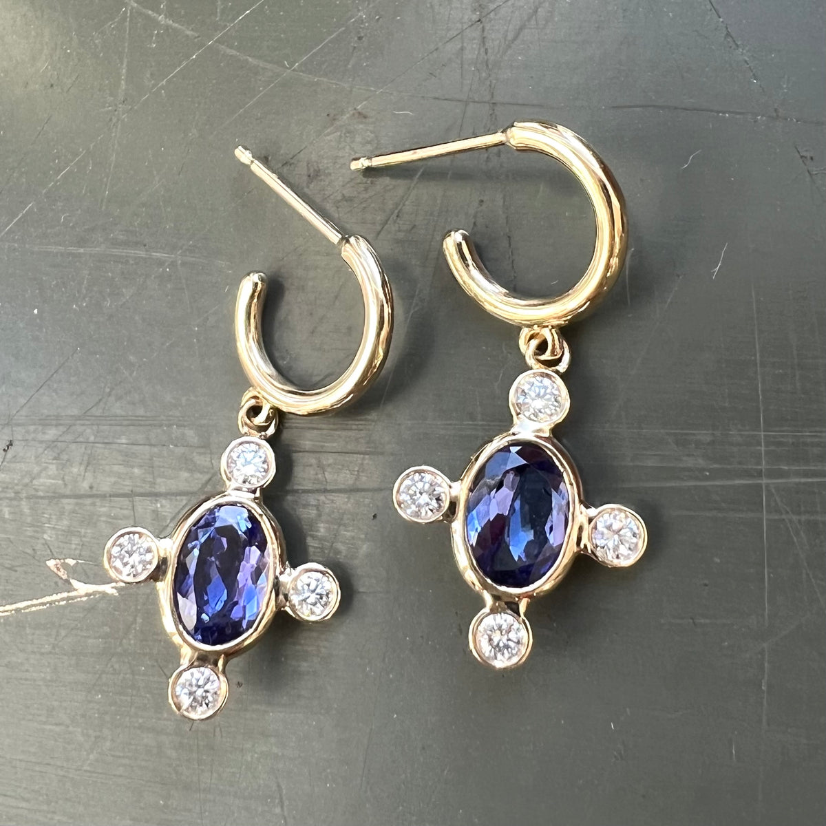 TANZANITE DIAMOND GOLD HUGGIE EARRINGS