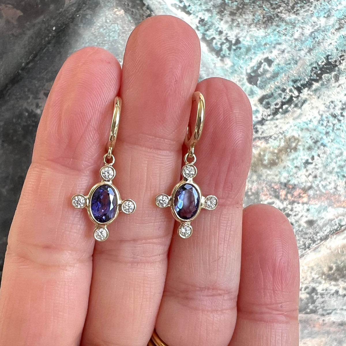 TANZANITE DIAMOND GOLD HUGGIE EARRINGS